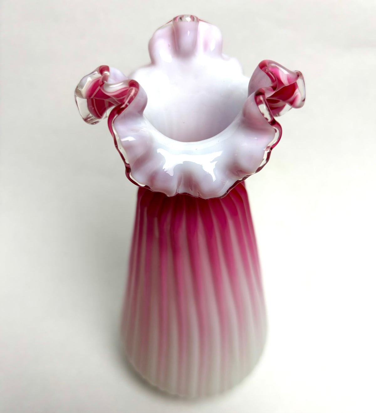 Victorian Cranberry Satin Glass Vase Ribbed Ruffled Pink Milk Glass
