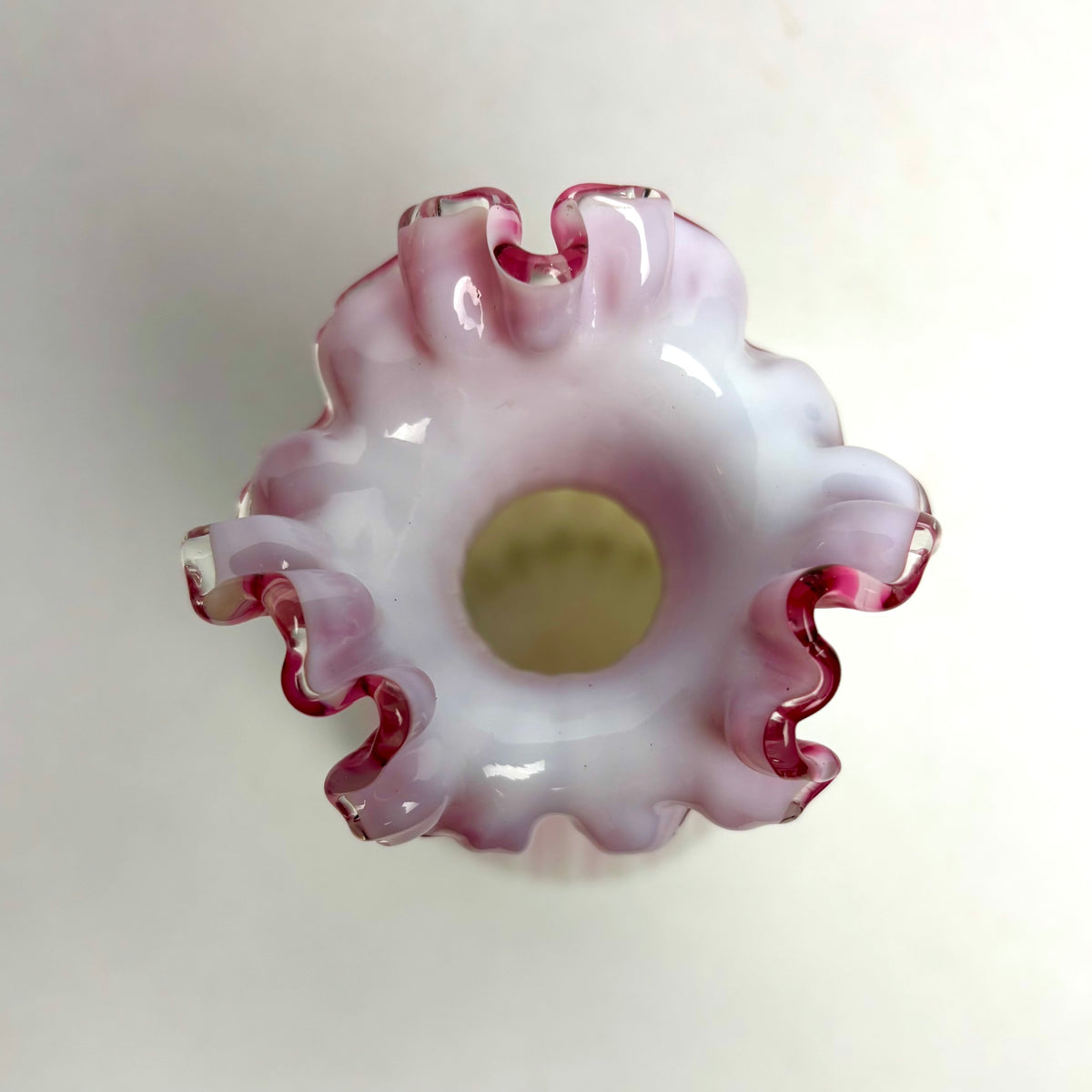 Victorian Cranberry Satin Glass Vase Ribbed Ruffled Pink Milk Glass