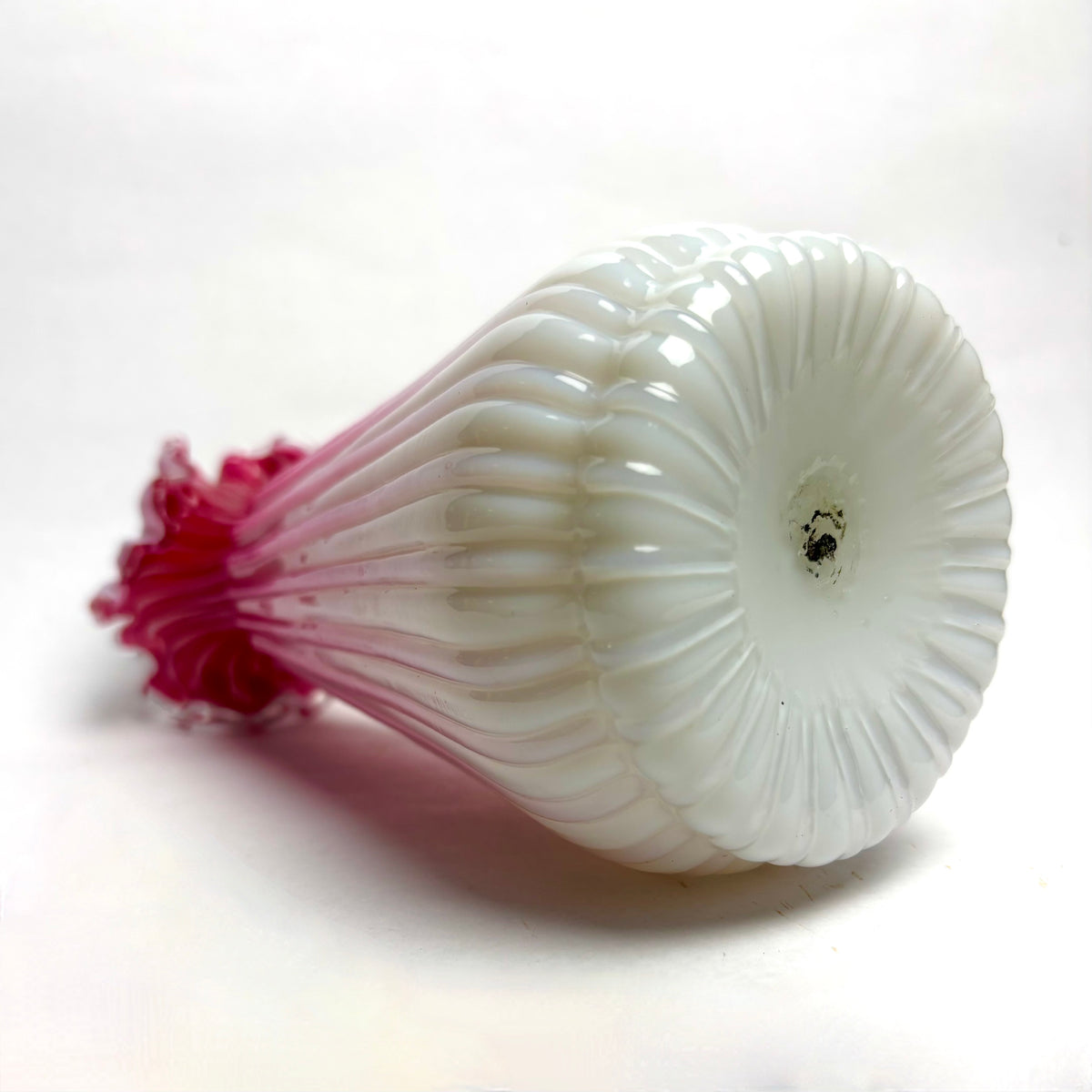 Victorian Cranberry Satin Glass Vase Ribbed Ruffled Pink Milk Glass