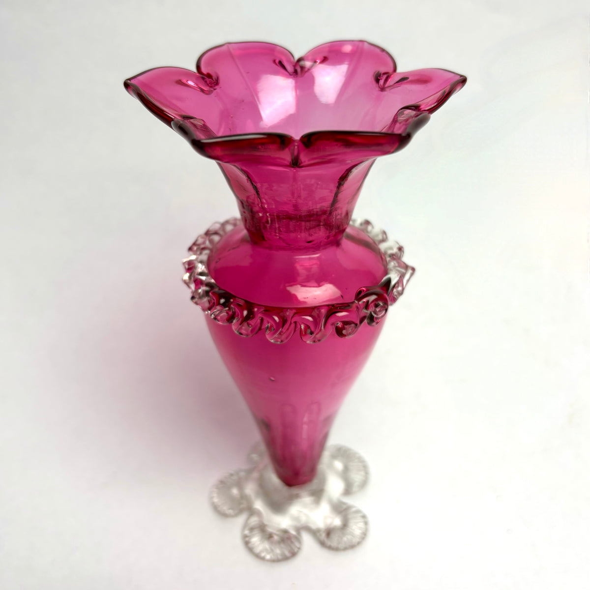 Victorian Cranberry Glass Vase Ruffled Rim Applied Rigaree Collar Clear Foot