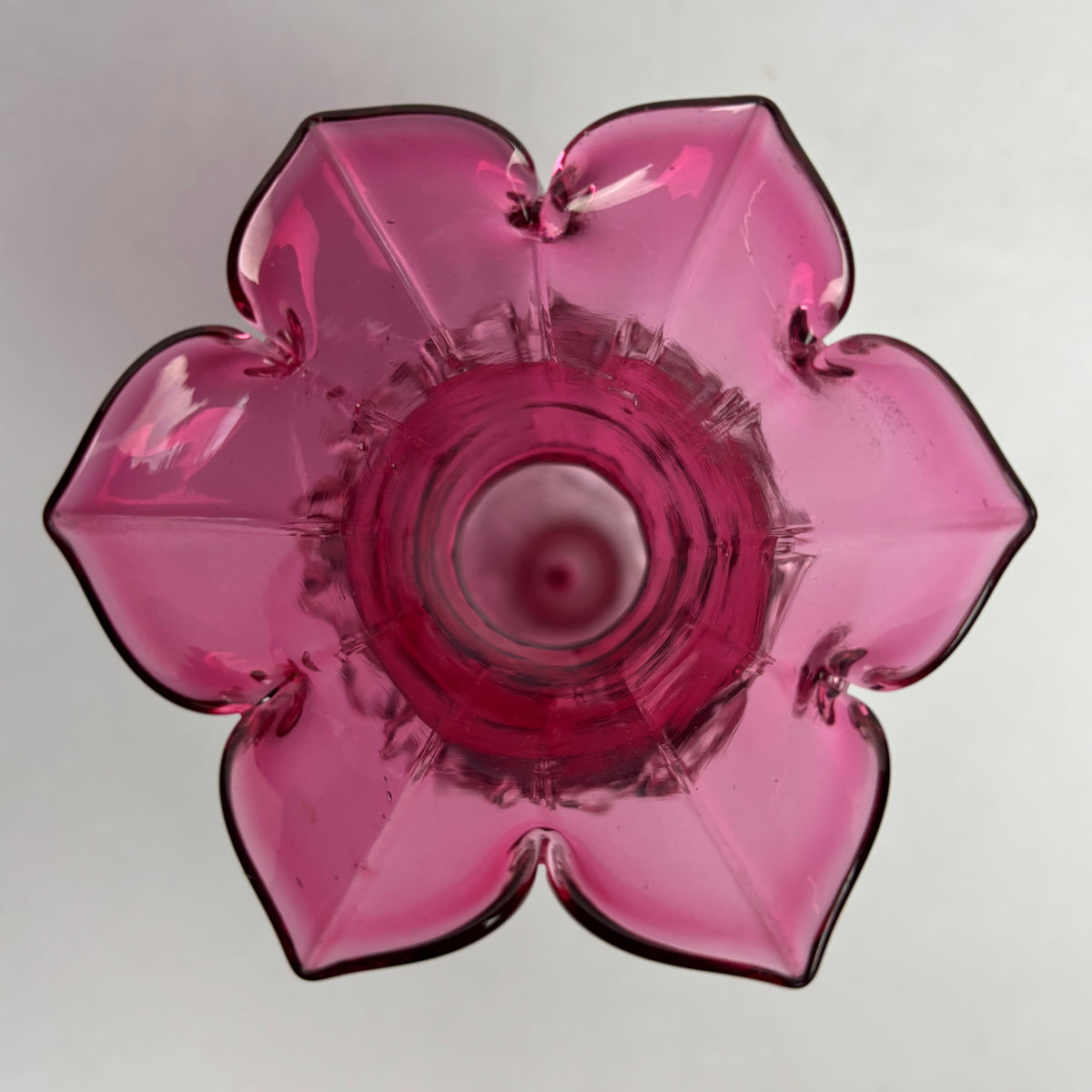 Victorian Cranberry Glass Vase Ruffled Rim Applied Rigaree Collar Clear Foot