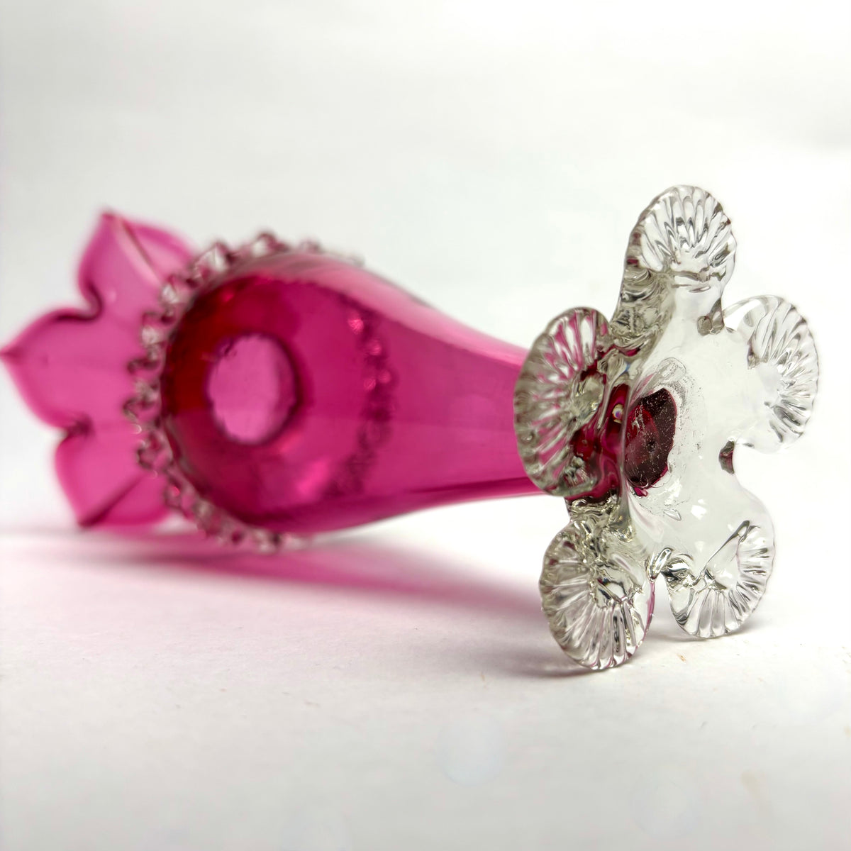 Victorian Cranberry Glass Vase Ruffled Rim Applied Rigaree Collar Clear Foot