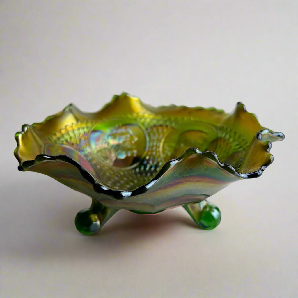 Fenton Green Carnival Glass “Horse Medallion” Footed Bowl