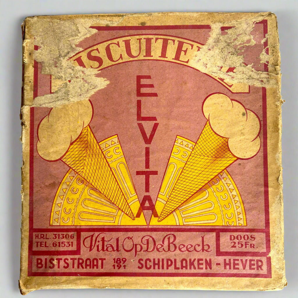 Vintage Elvita ice cream box with yellow ice cream cones on a brown background