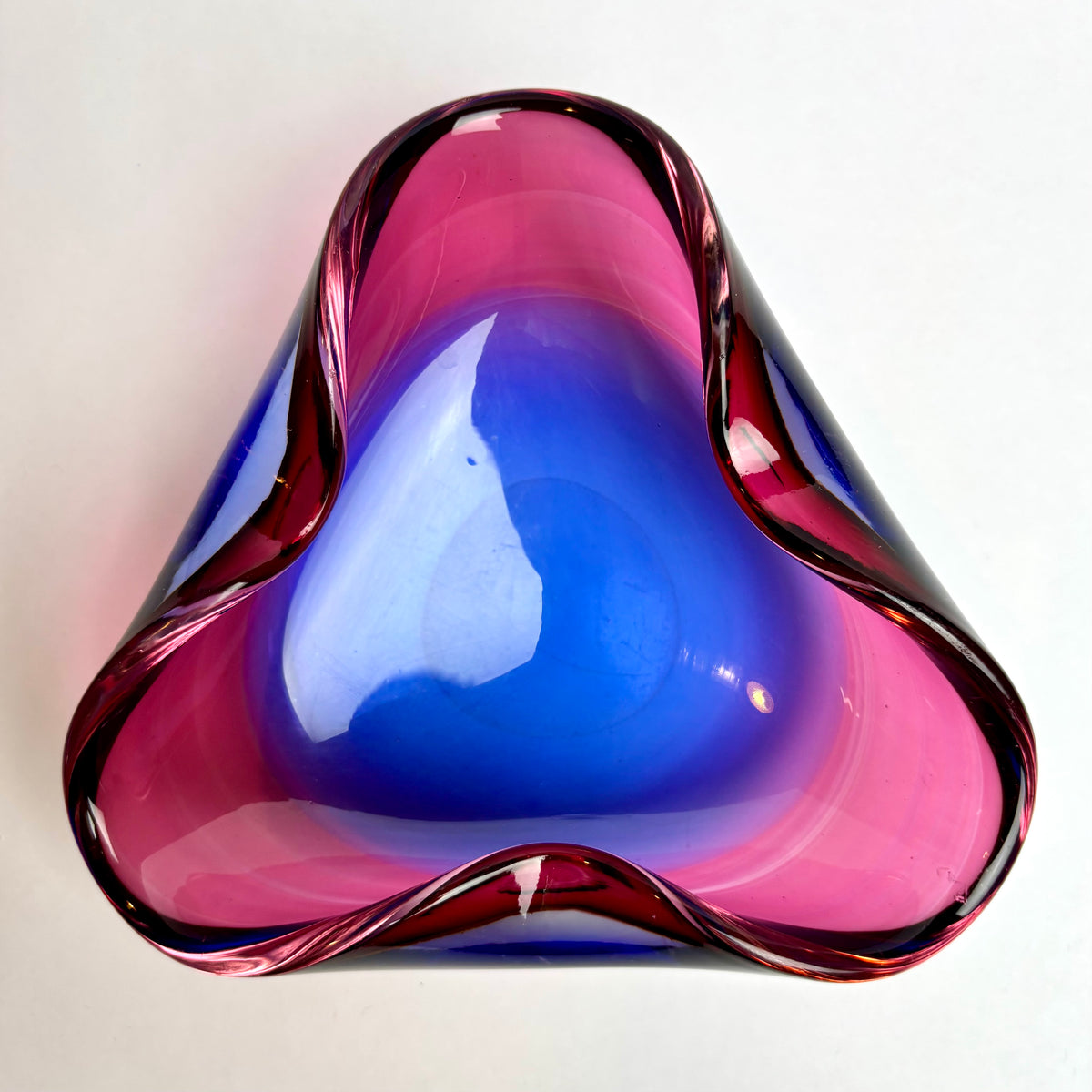Mid-Century Art Glass Bowl — Heavy Cased Glass in Pink, Amethyst & Cobalt