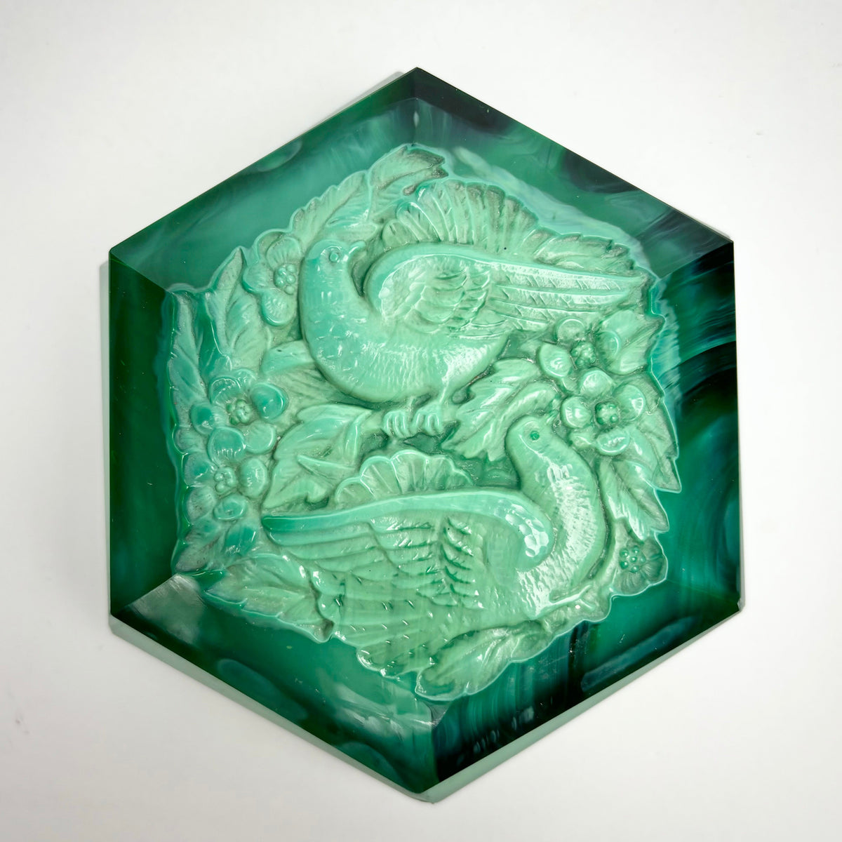 Art Deco Green Malachite Glass Dressing Table Set – Love Birds Lidded Box & Trays