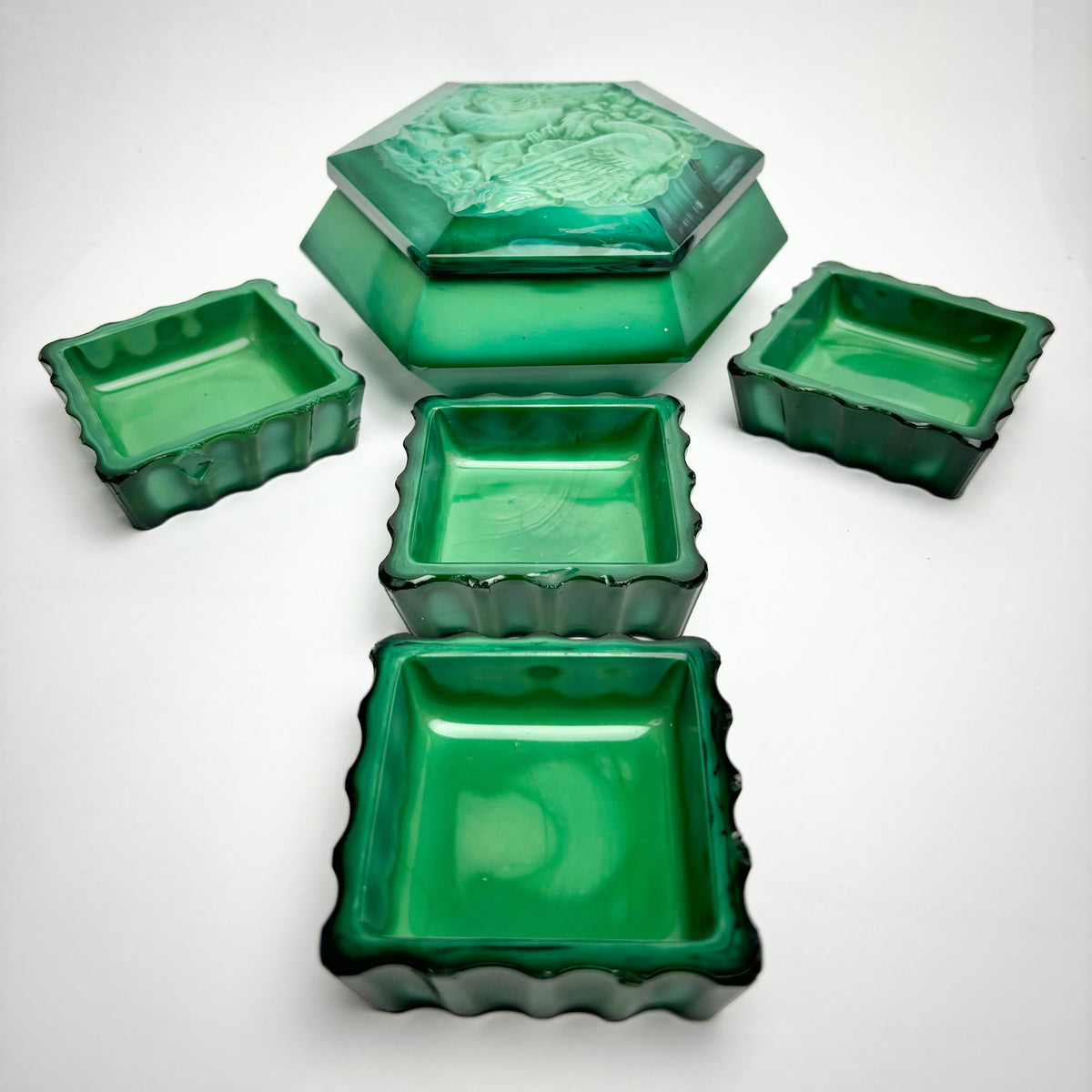 Art Deco Green Malachite Glass Dressing Table Set – Love Birds Lidded Box & Trays