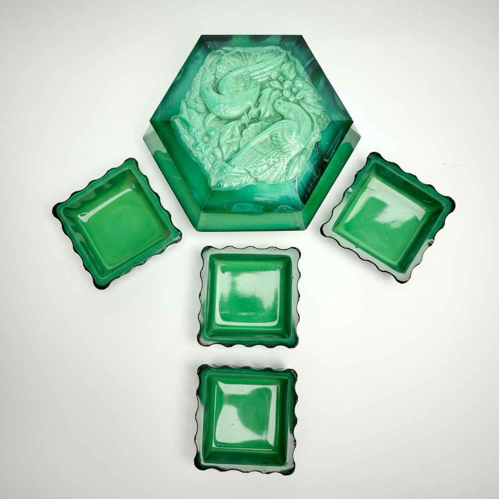 Art Deco Green Malachite Glass Dressing Table Set – Love Birds Lidded Box & Trays