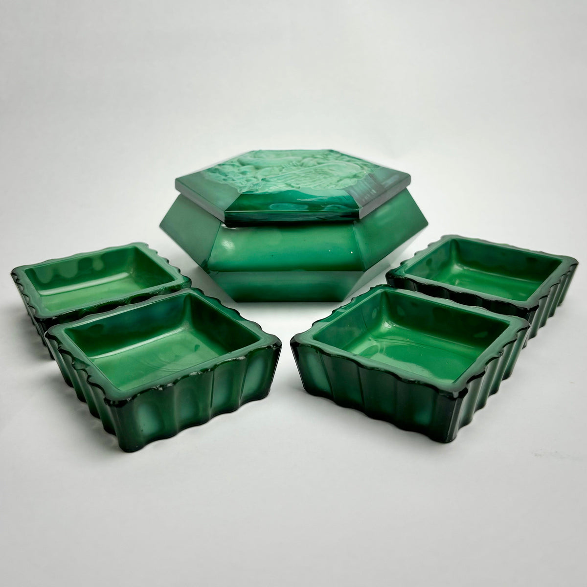 Art Deco Green Malachite Glass Dressing Table Set – Love Birds Lidded Box & Trays