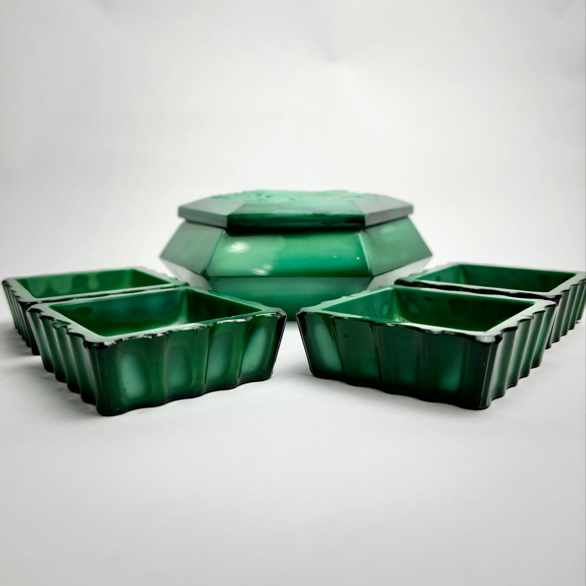 Art Deco Green Malachite Glass Dressing Table Set – Love Birds Lidded Box & Trays