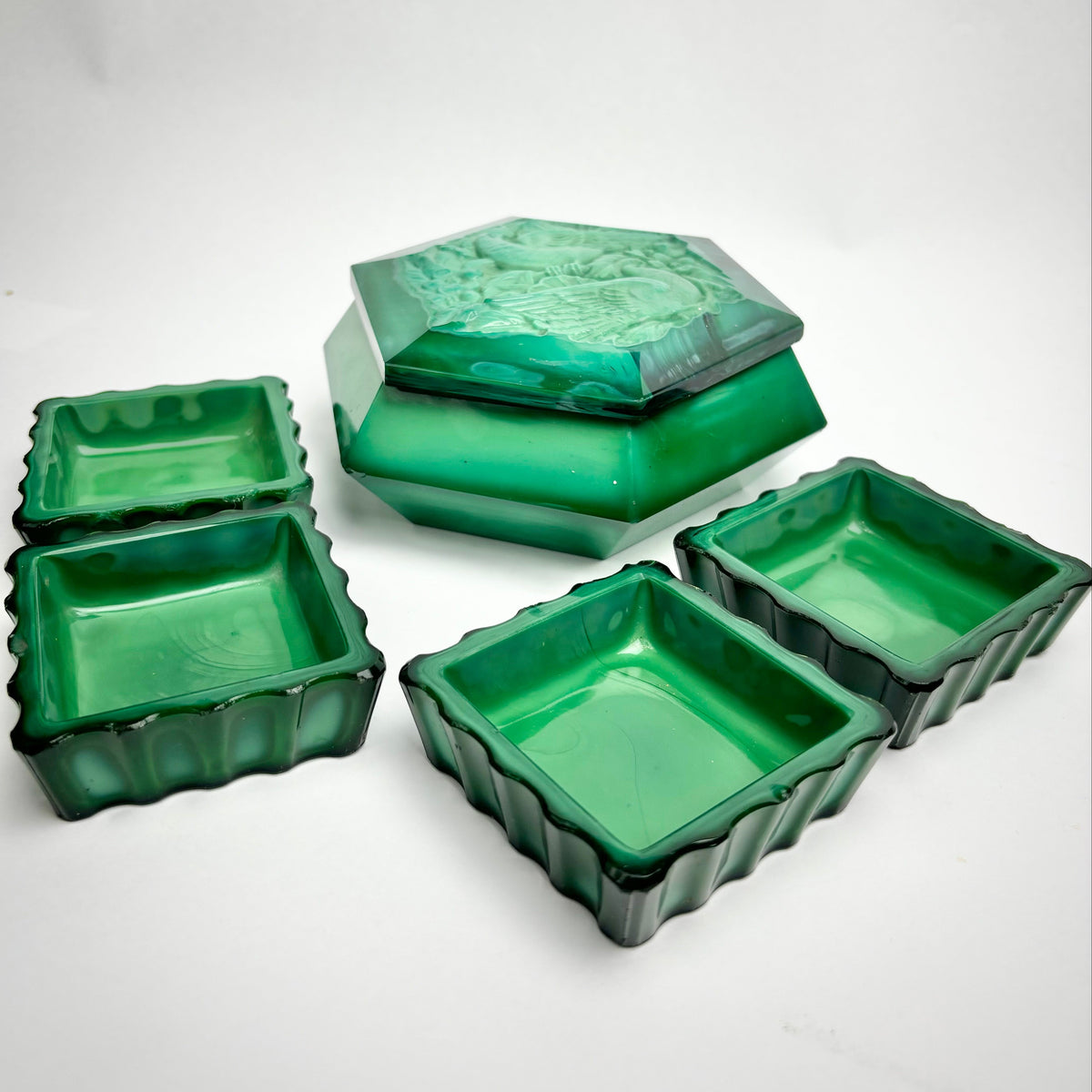 Art Deco Green Malachite Glass Dressing Table Set – Love Birds Lidded Box & Trays