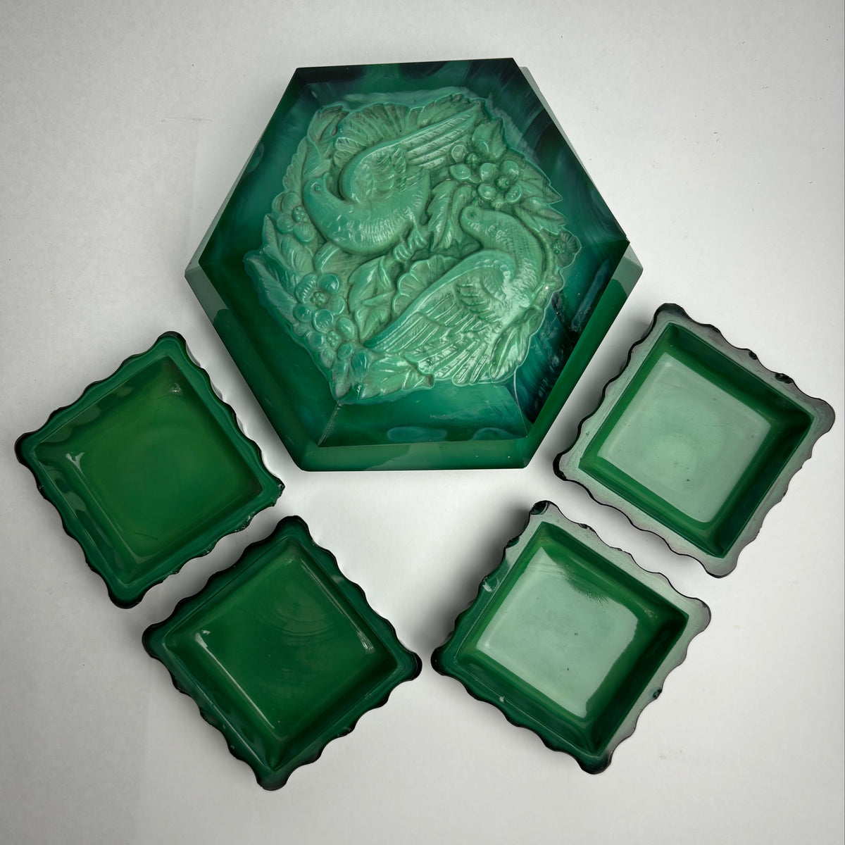 Art Deco Green Malachite Glass Dressing Table Set – Love Birds Lidded Box & Trays