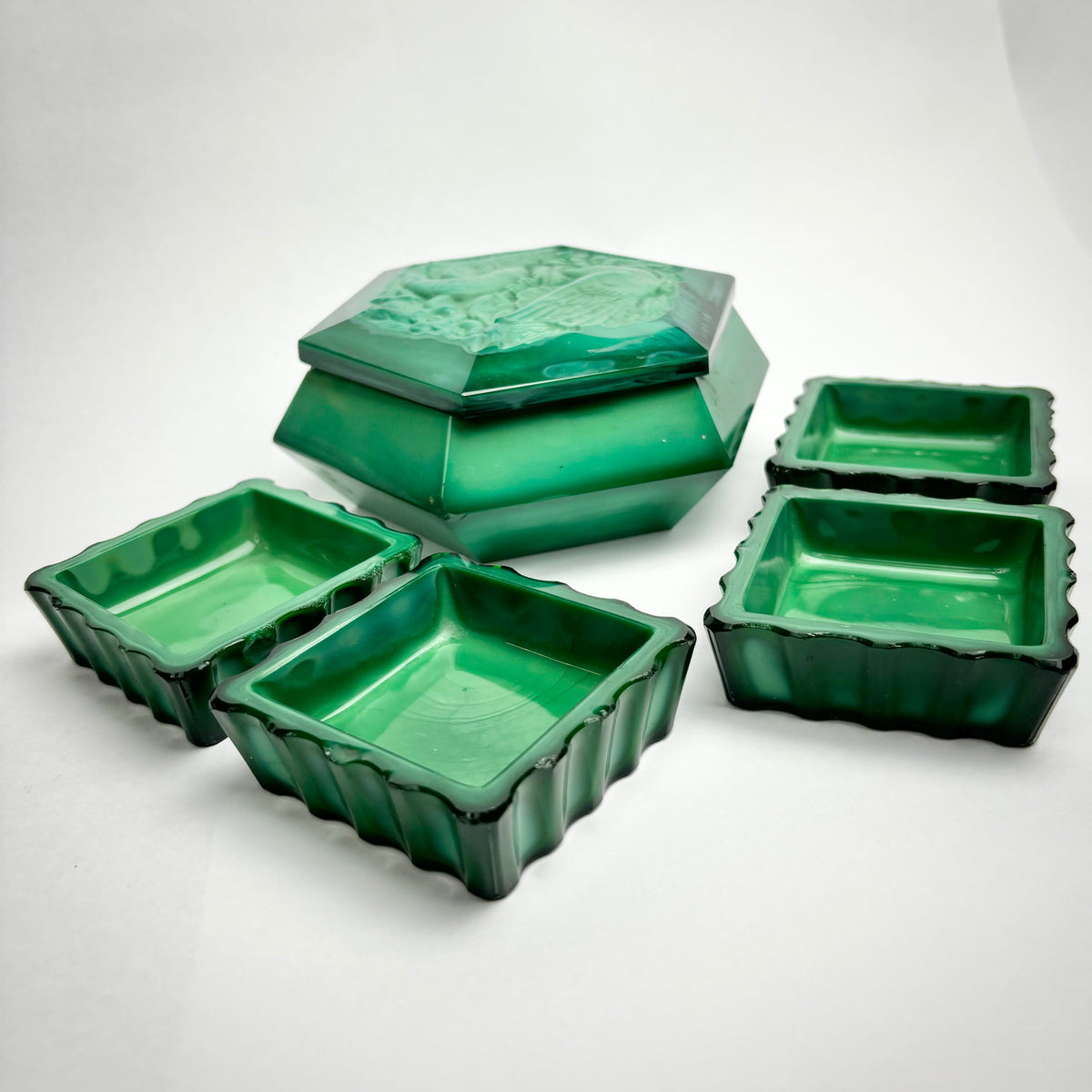 Art Deco Green Malachite Glass Dressing Table Set – Love Birds Lidded Box & Trays