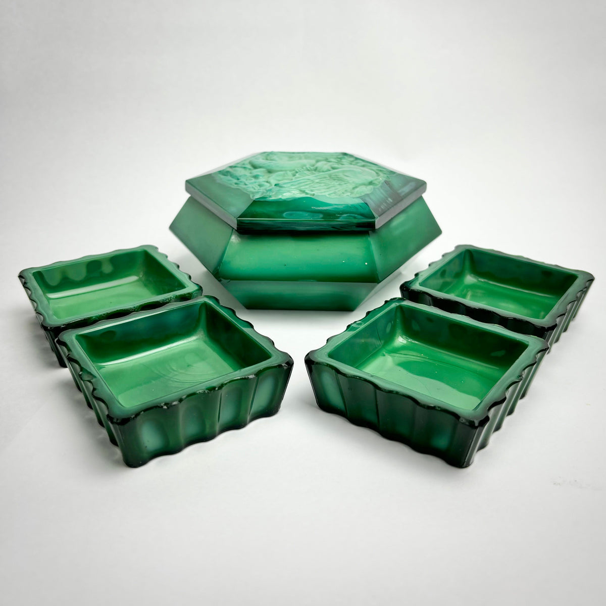 Art Deco Green Malachite Glass Dressing Table Set – Love Birds Lidded Box & Trays