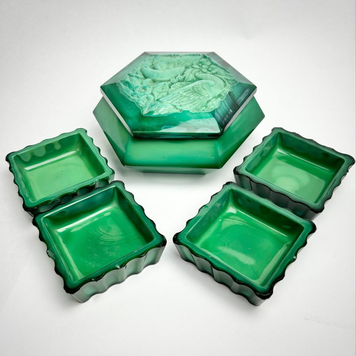 Art Deco Green Malachite Glass Dressing Table Set – Love Birds Lidded Box & Trays