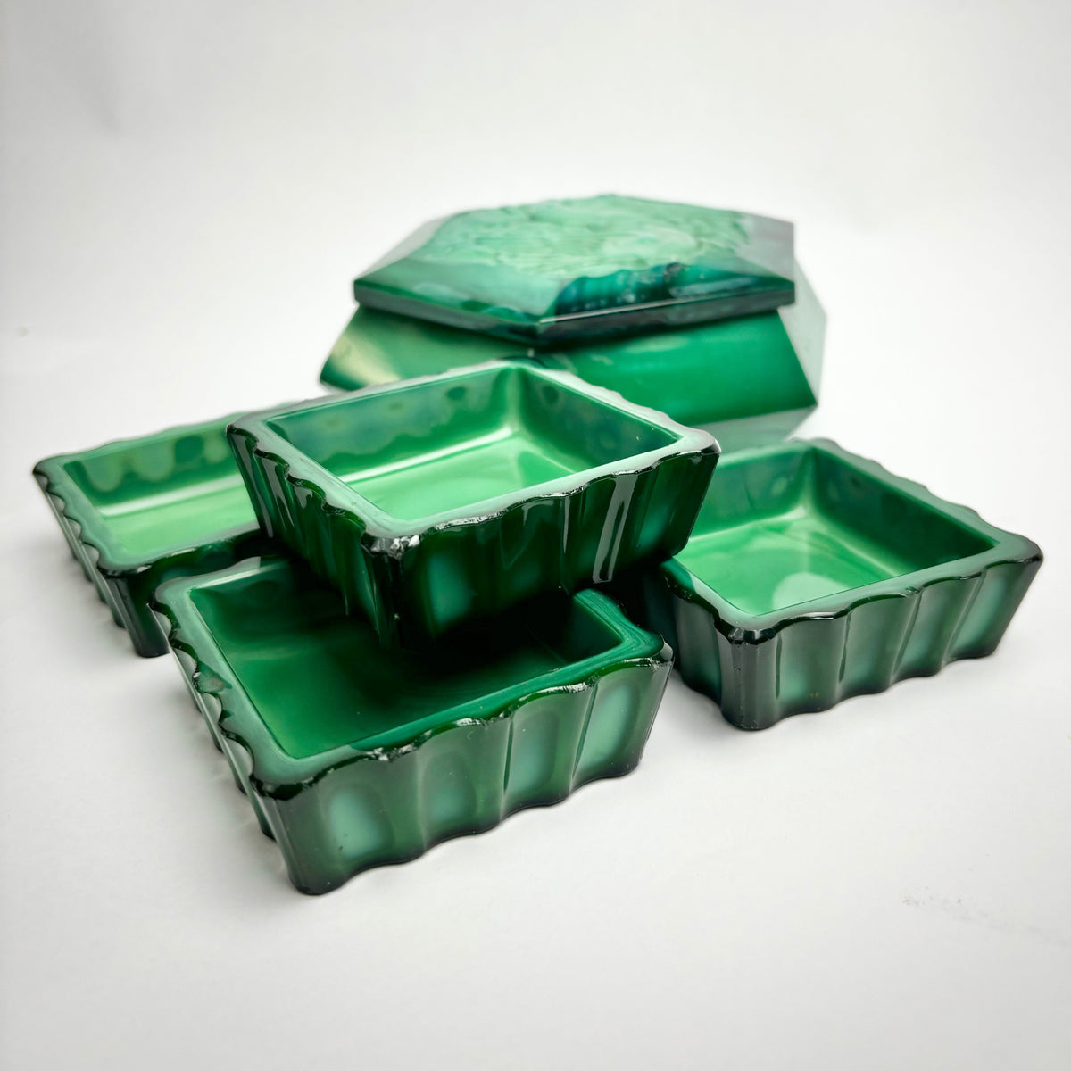 Art Deco Green Malachite Glass Dressing Table Set – Love Birds Lidded Box & Trays