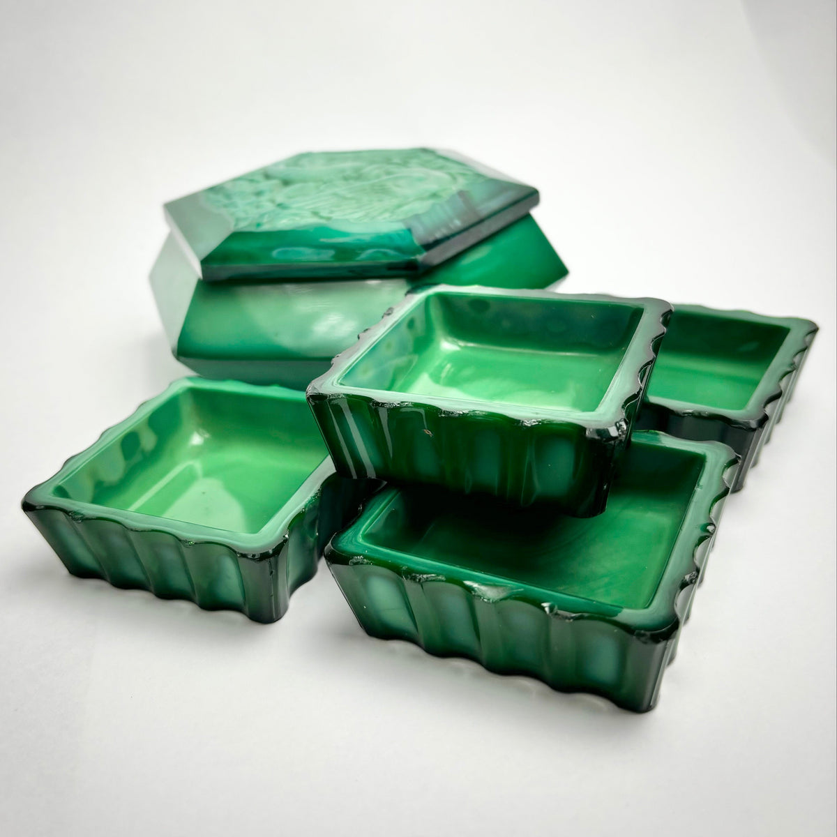Art Deco Green Malachite Glass Dressing Table Set – Love Birds Lidded Box & Trays