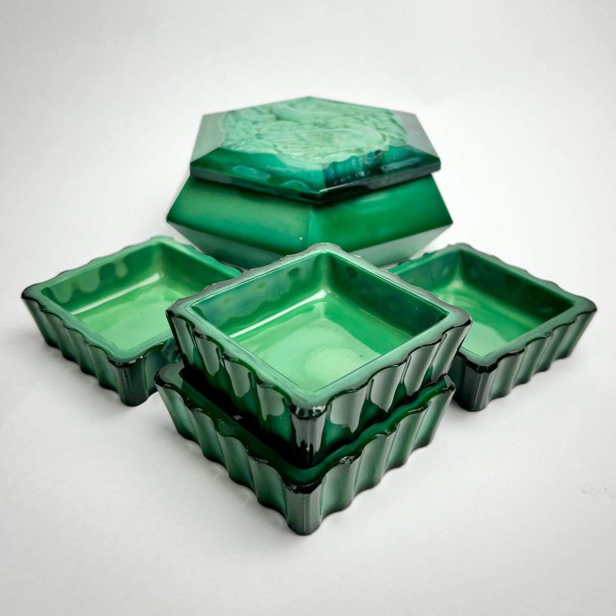 Art Deco Green Malachite Glass Dressing Table Set – Love Birds Lidded Box & Trays