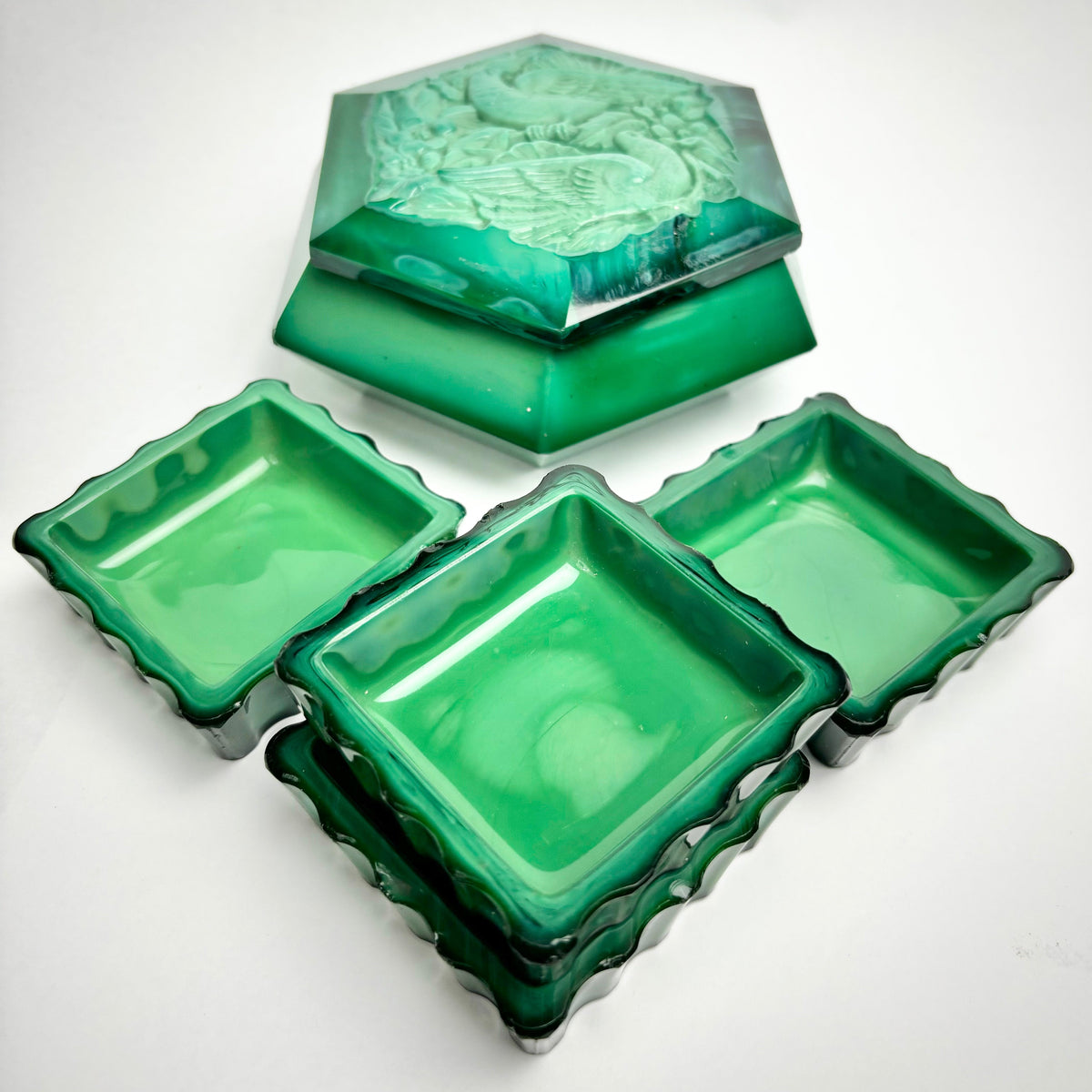 Art Deco Green Malachite Glass Dressing Table Set – Love Birds Lidded Box & Trays