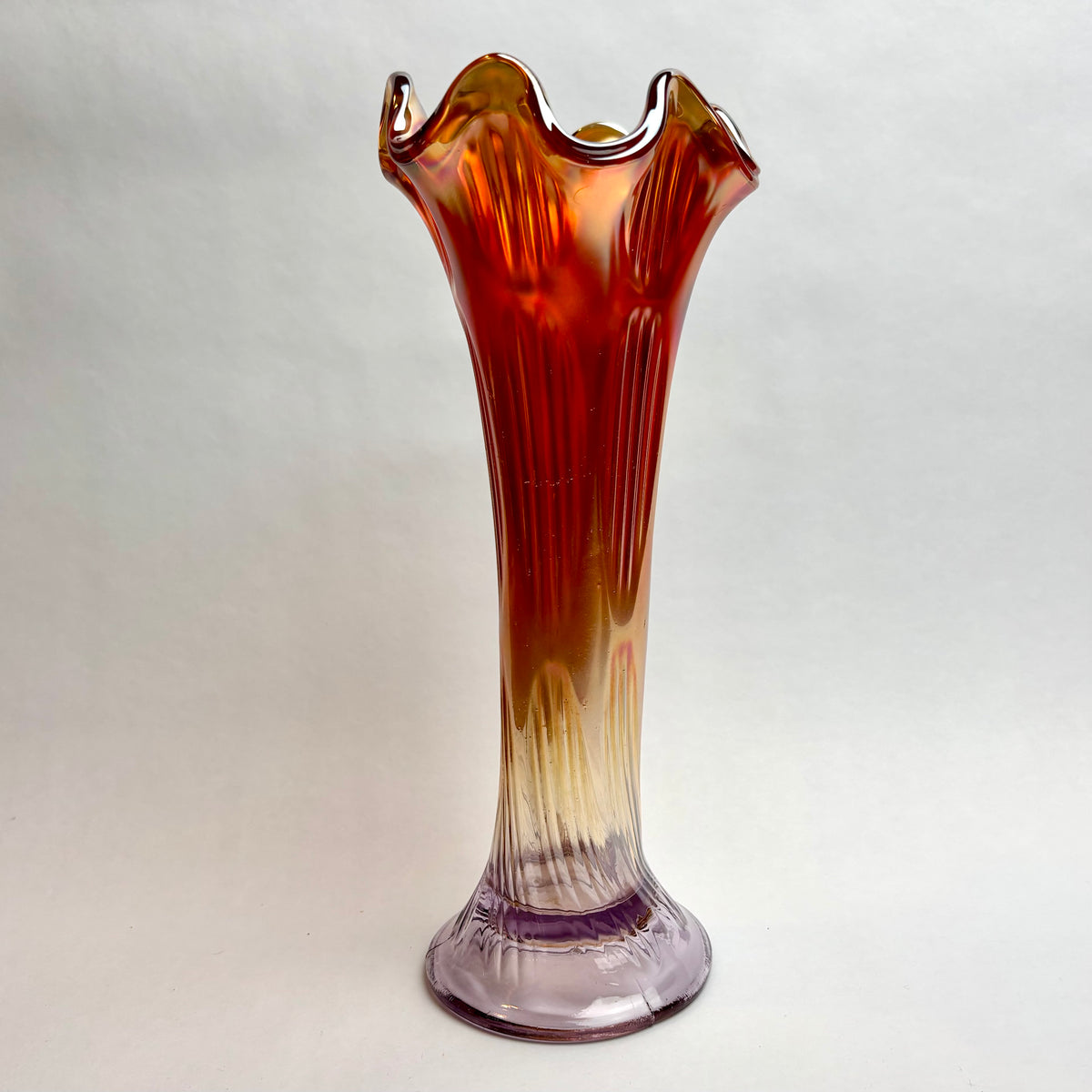 Vintage Carnival Glass Trumpet Vase — Amber & Amethyst Tones