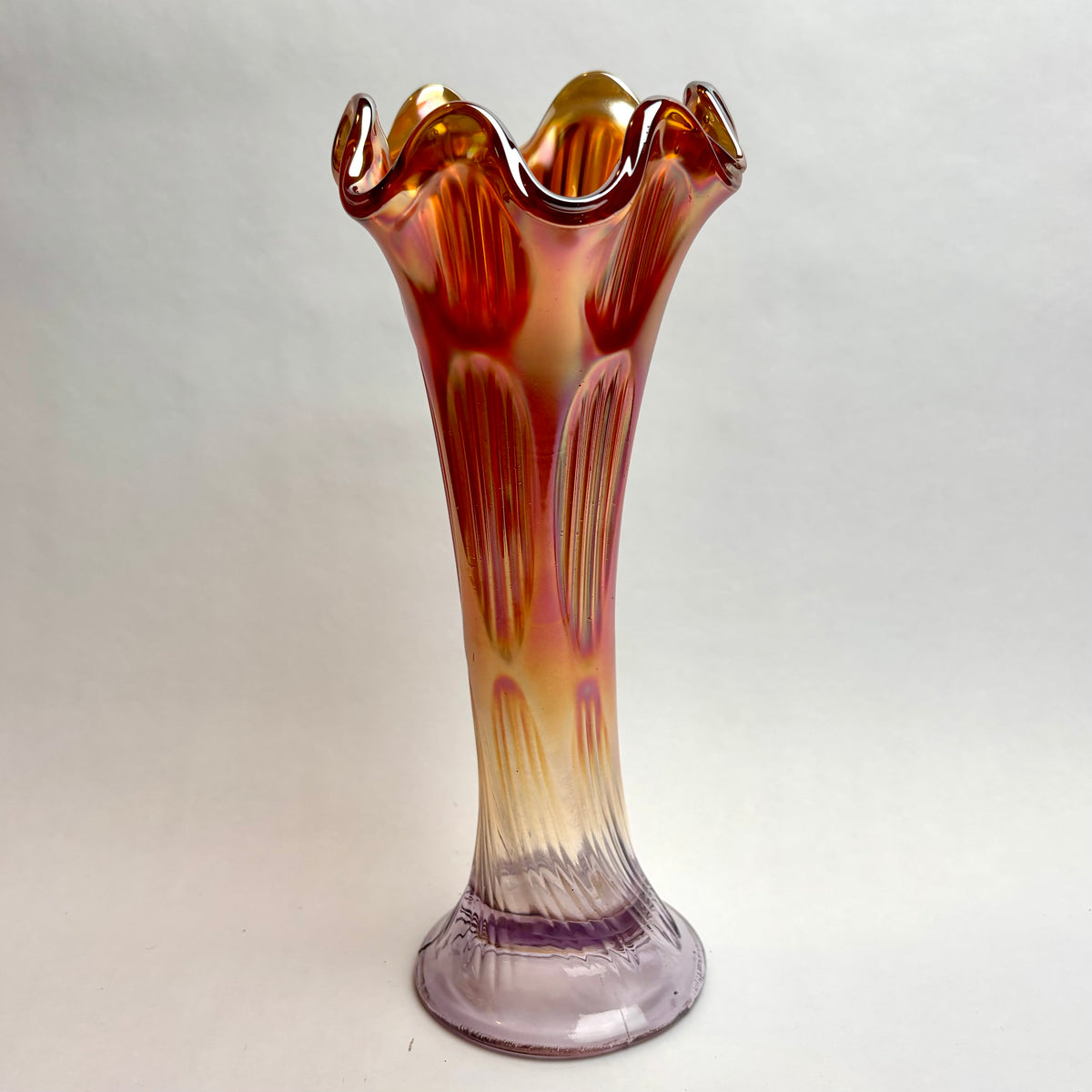 Vintage Carnival Glass Trumpet Vase — Amber & Amethyst Tones