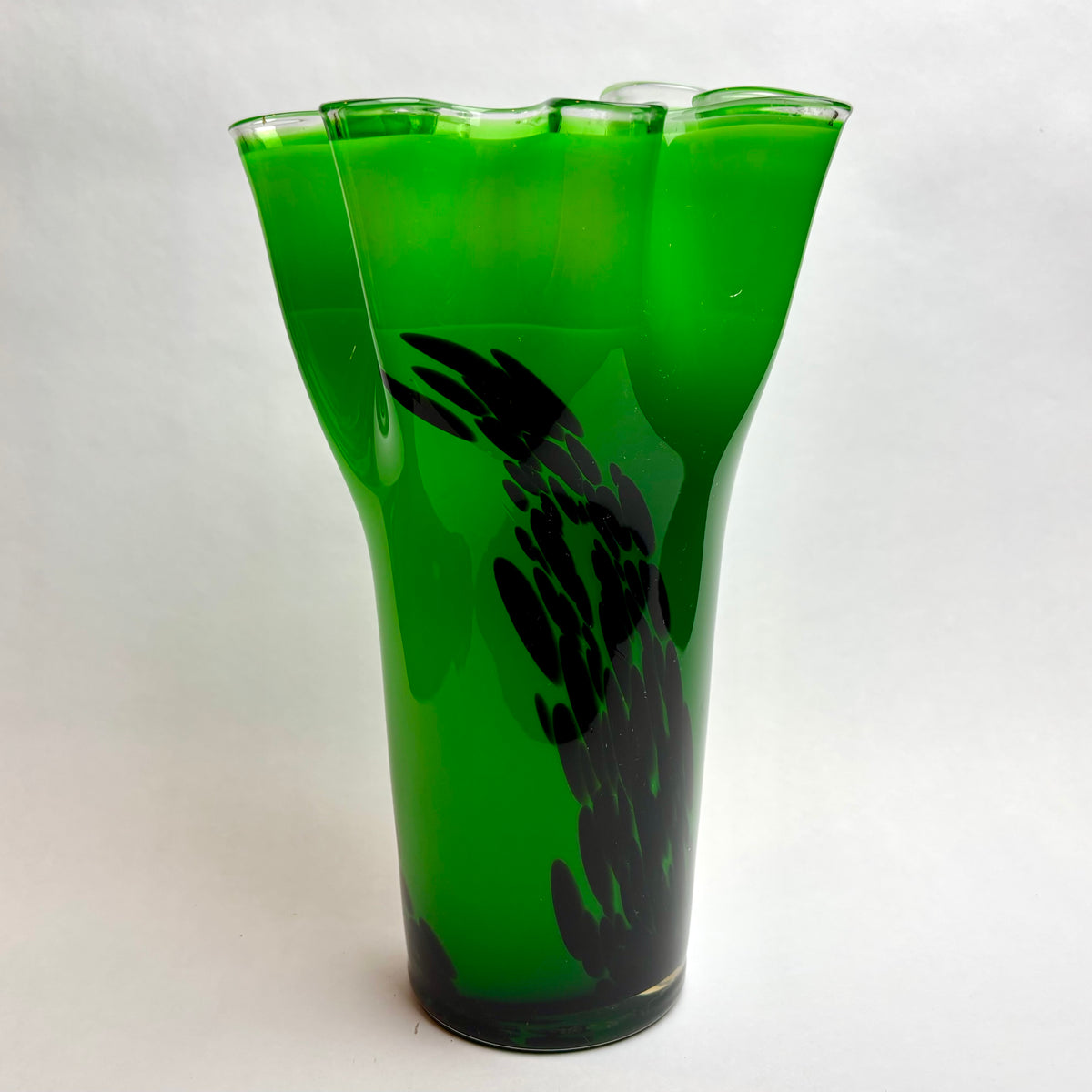 Green Art Glass Vase with Black Abstract Inclusions – Hand Blown