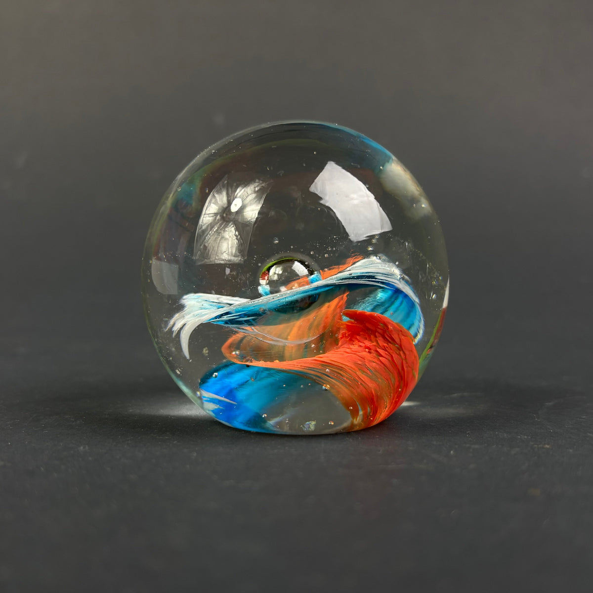 Vintage Studio Art Glass Paperweight – Abstract Blue, White & Orange Swirl