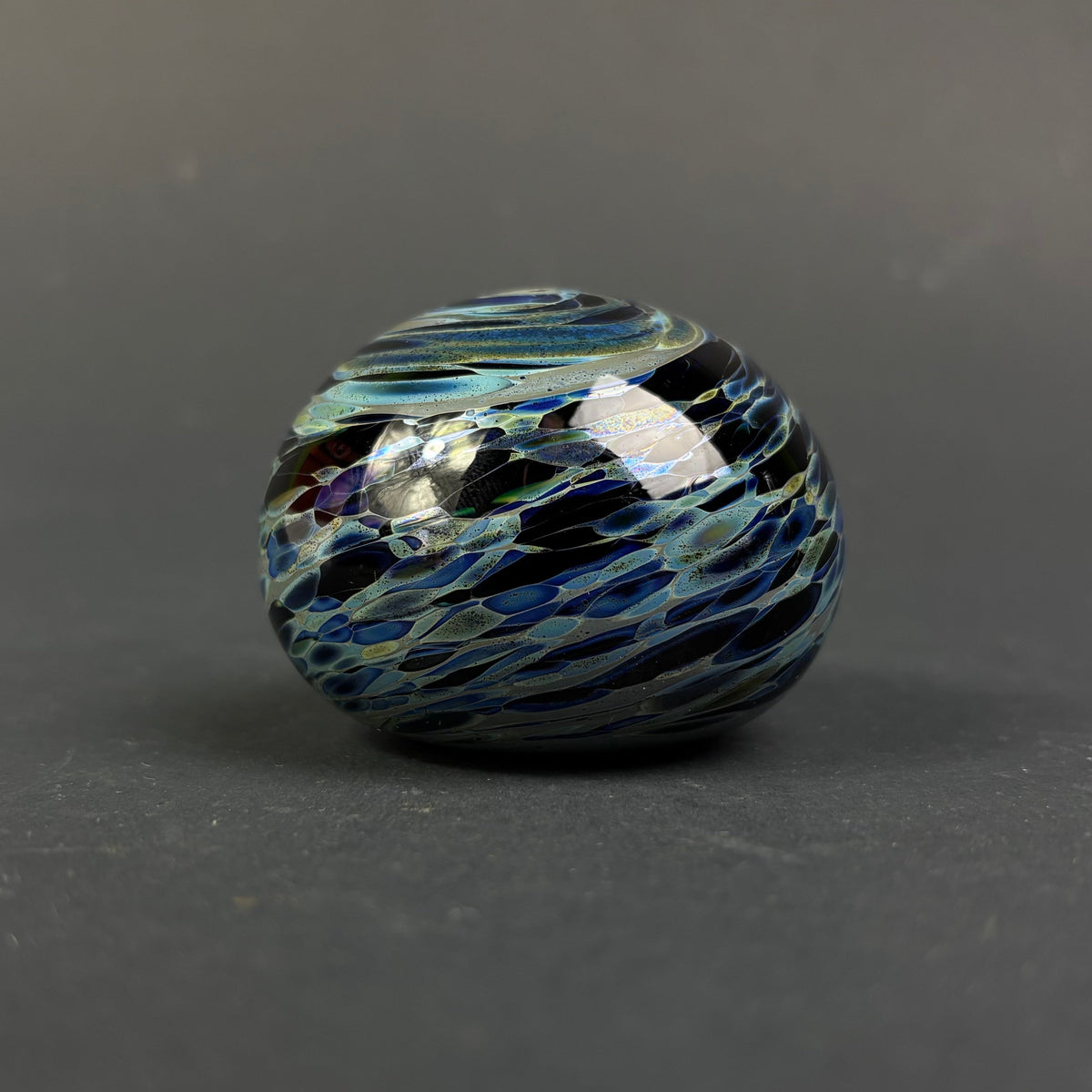 Signed Studio Art Glass Paperweight – Cobalt Blue Iridescent Swirl Design