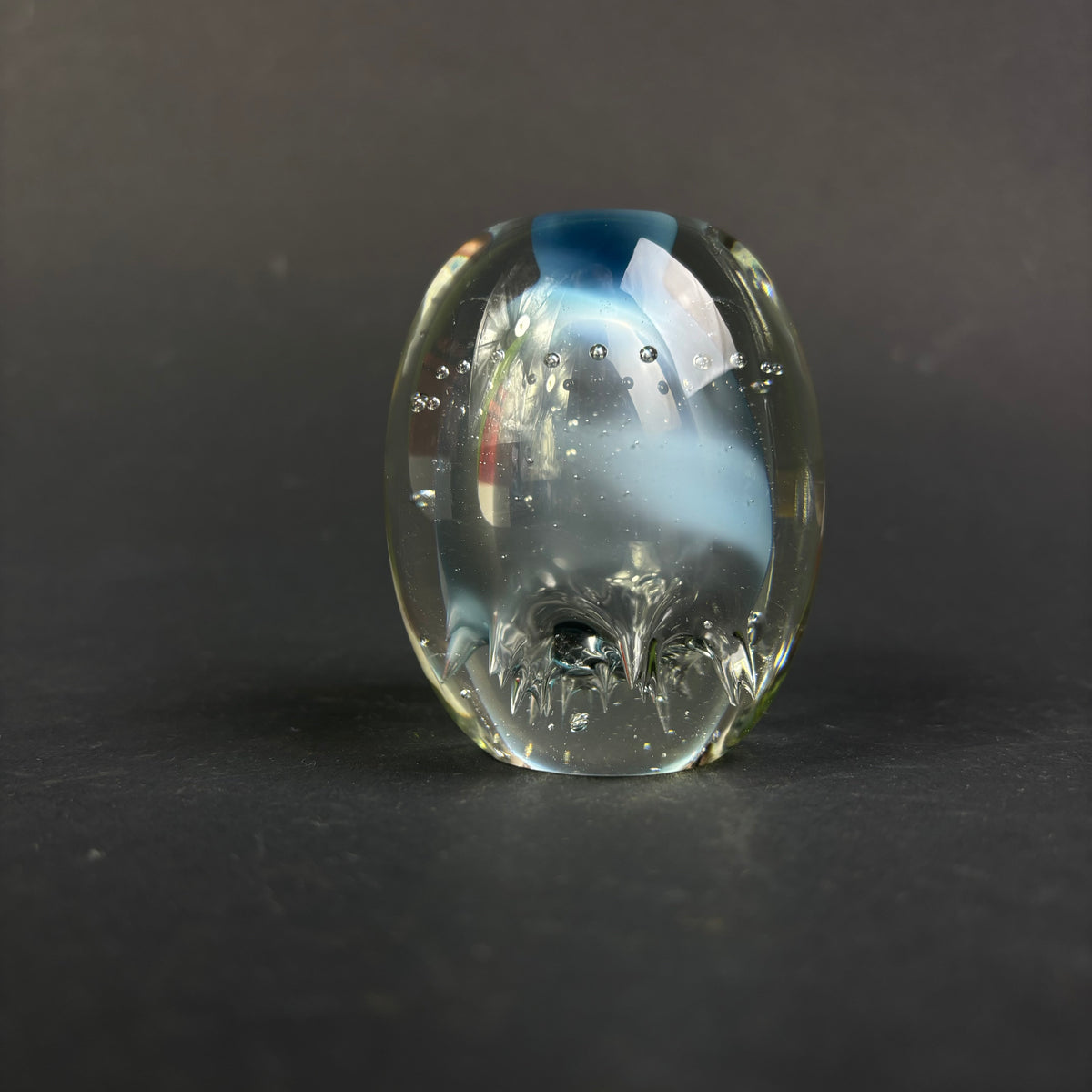 Signed Studio Art Glass Paperweight – Pale Blue Controlled Bubble Design