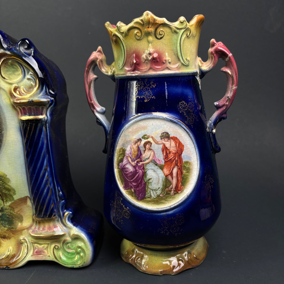 Antique Strasburg Ware Clock Garniture Set – Cobalt Blue Mantel Clock & Matching Vases