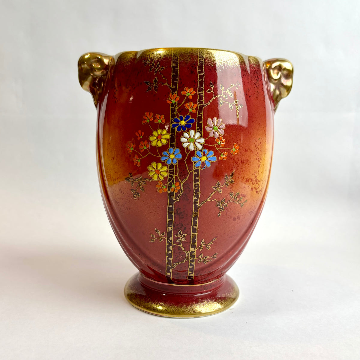 Crown Devon Fieldings Vase – Red & Gold with Enamelled Blossom (c. 1930s)