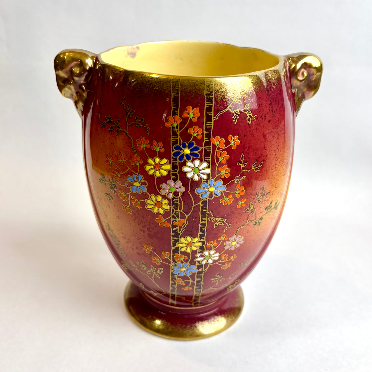 Crown Devon Fieldings Vase – Red & Gold with Enamelled Blossom (c. 1930s)