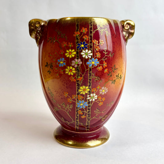 Crown Devon Fieldings Vase – Red & Gold with Enamelled Blossom (c. 1930s)