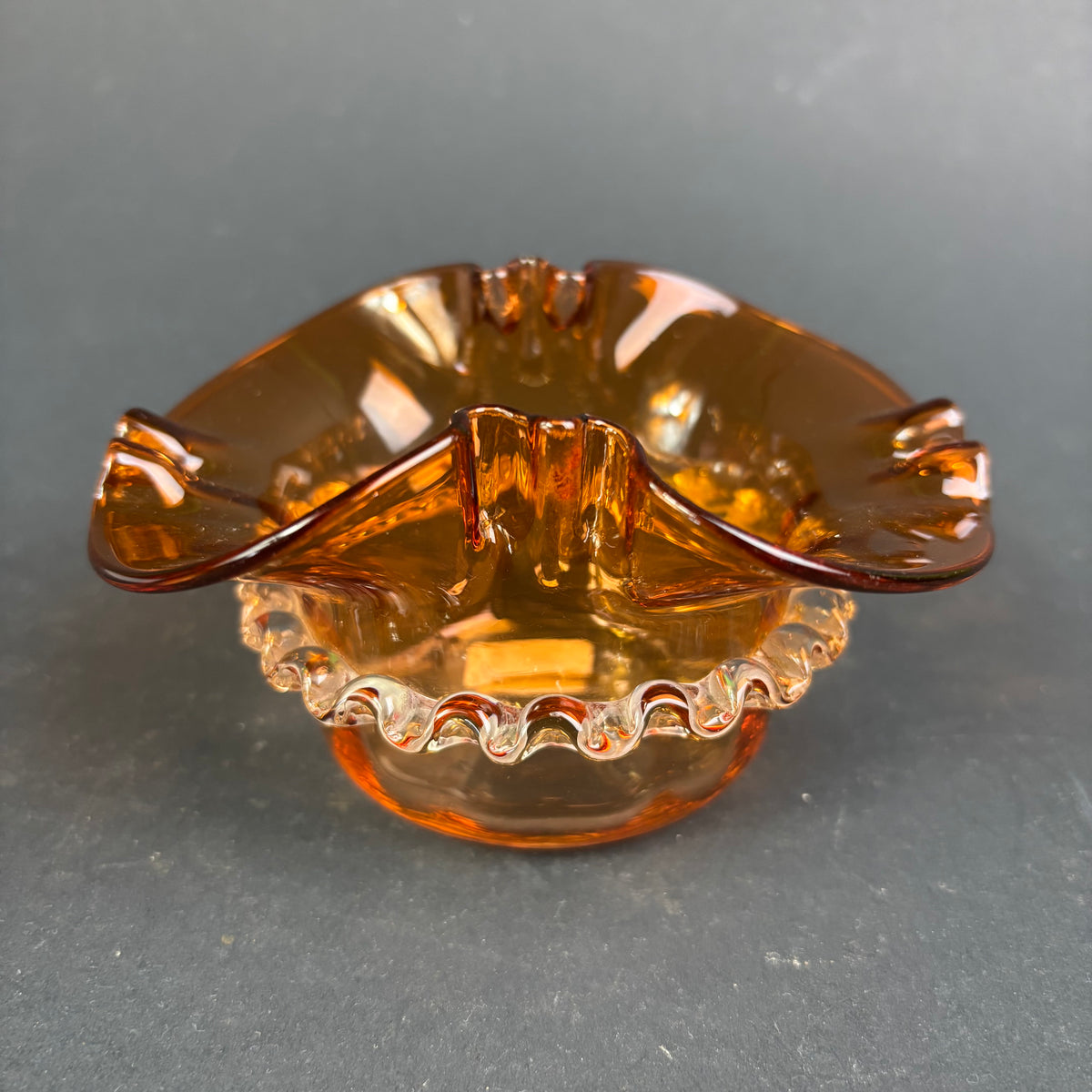 Vintage Italian Murano Amber Art Glass Ashtray with Applied Clear Rigaree Trail c.1960s