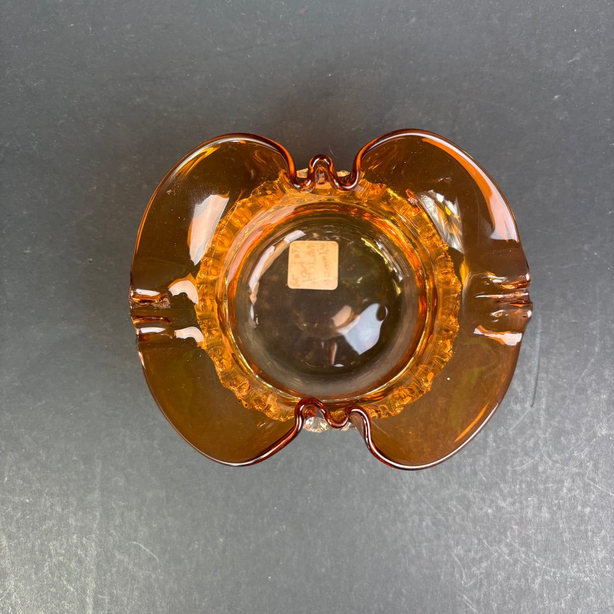 Vintage Italian Murano Amber Art Glass Ashtray with Applied Clear Rigaree Trail c.1960s