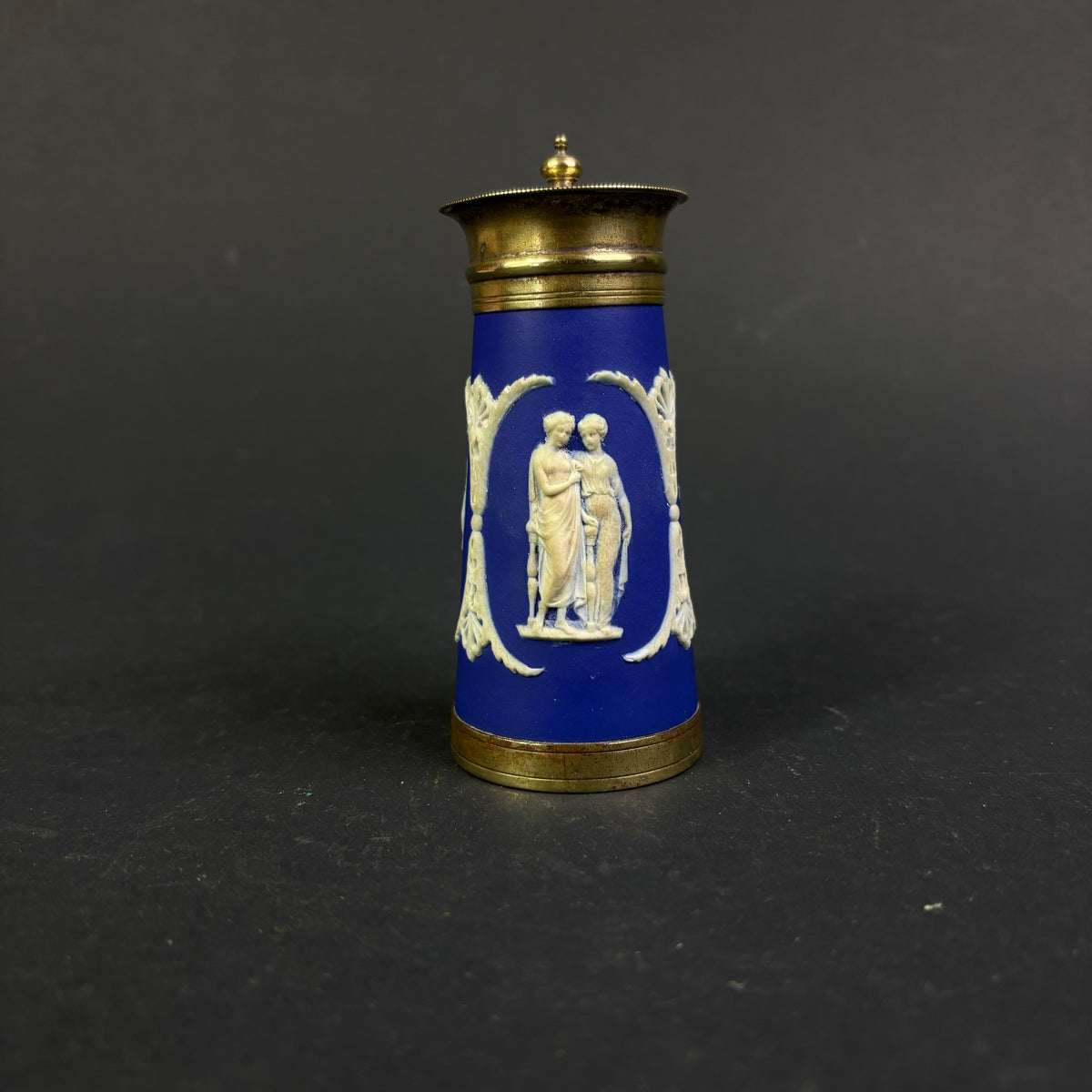 Antique Wedgwood Blue Jasperware Pot Pourri Vase with Pierced Brass Lid – England