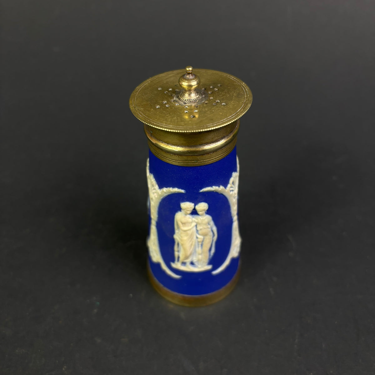 Antique Wedgwood Blue Jasperware Pot Pourri Vase with Pierced Brass Lid – England