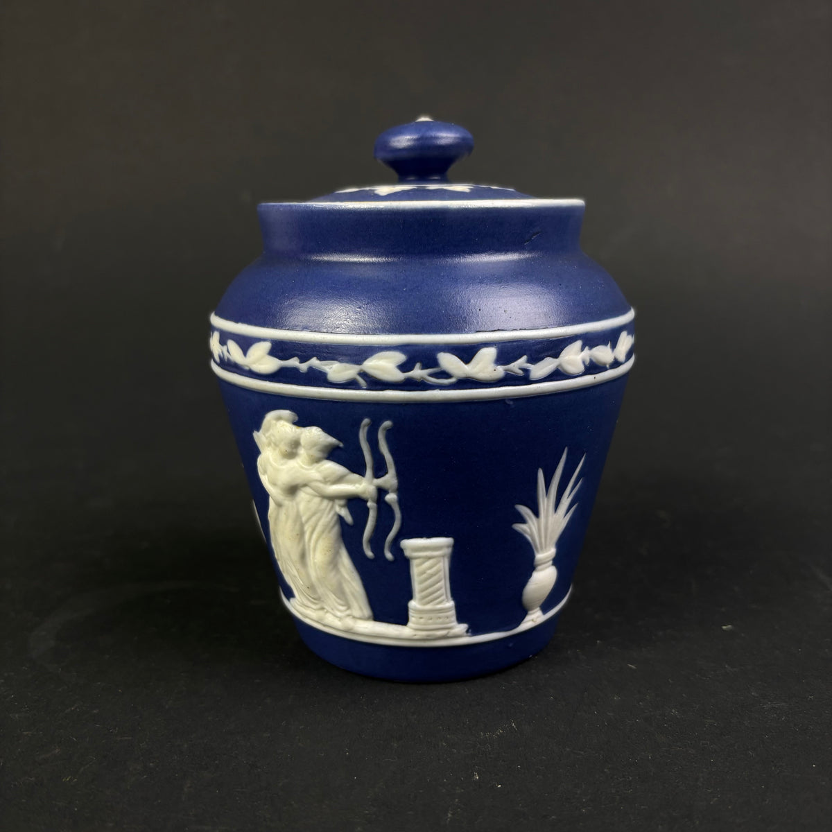 Wedgwood Blue Jasperware Lidded Trinket Jar – Classical Relief – England