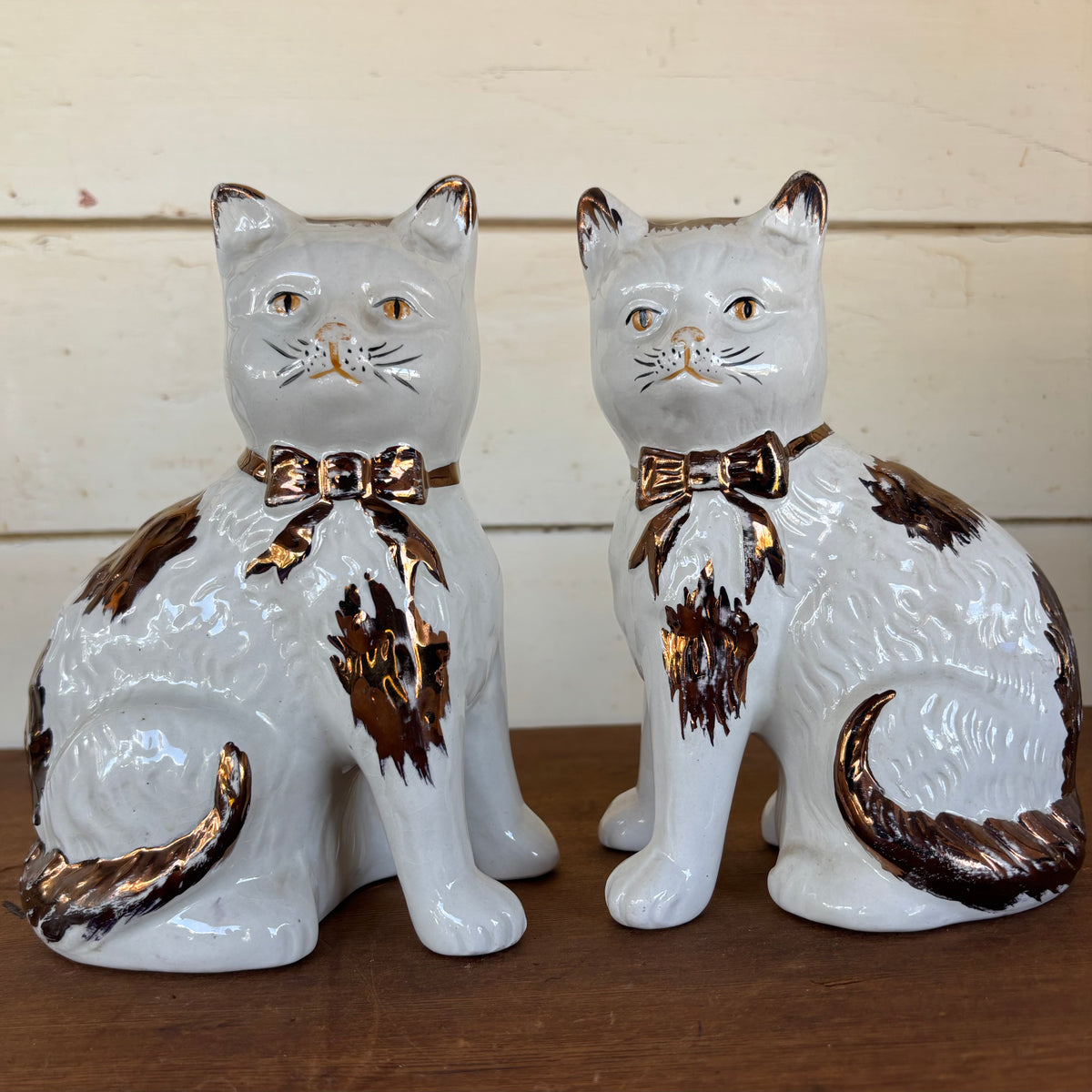 Vintage Staffordshire-Style Pottery Cats — Copper Lustre Pair