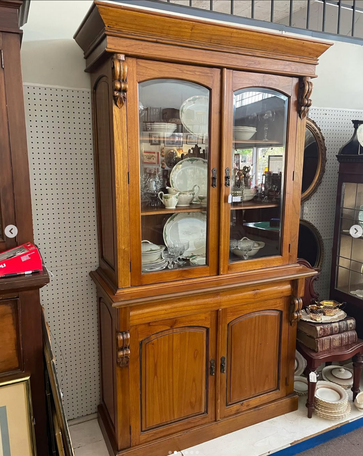 Vintage Pine Glazed Bookcase – Colonial Style Display Cabinet