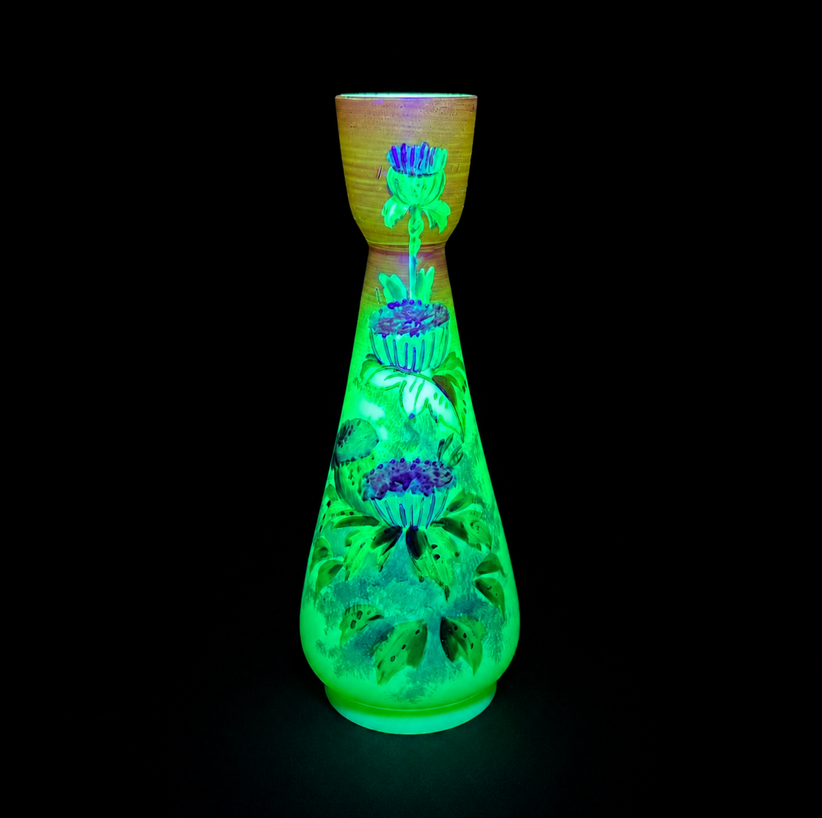 Victorian Bohemian Uranium Opaline Enamelled Vase c.1890–1905