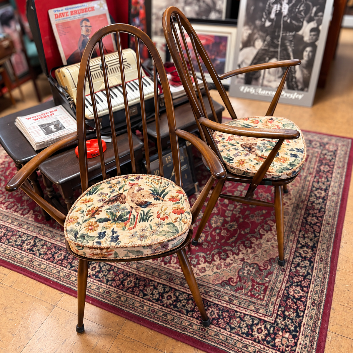 Vintage Ercol Windsor High Back Carver Armchairs – Pair – Original Cushions