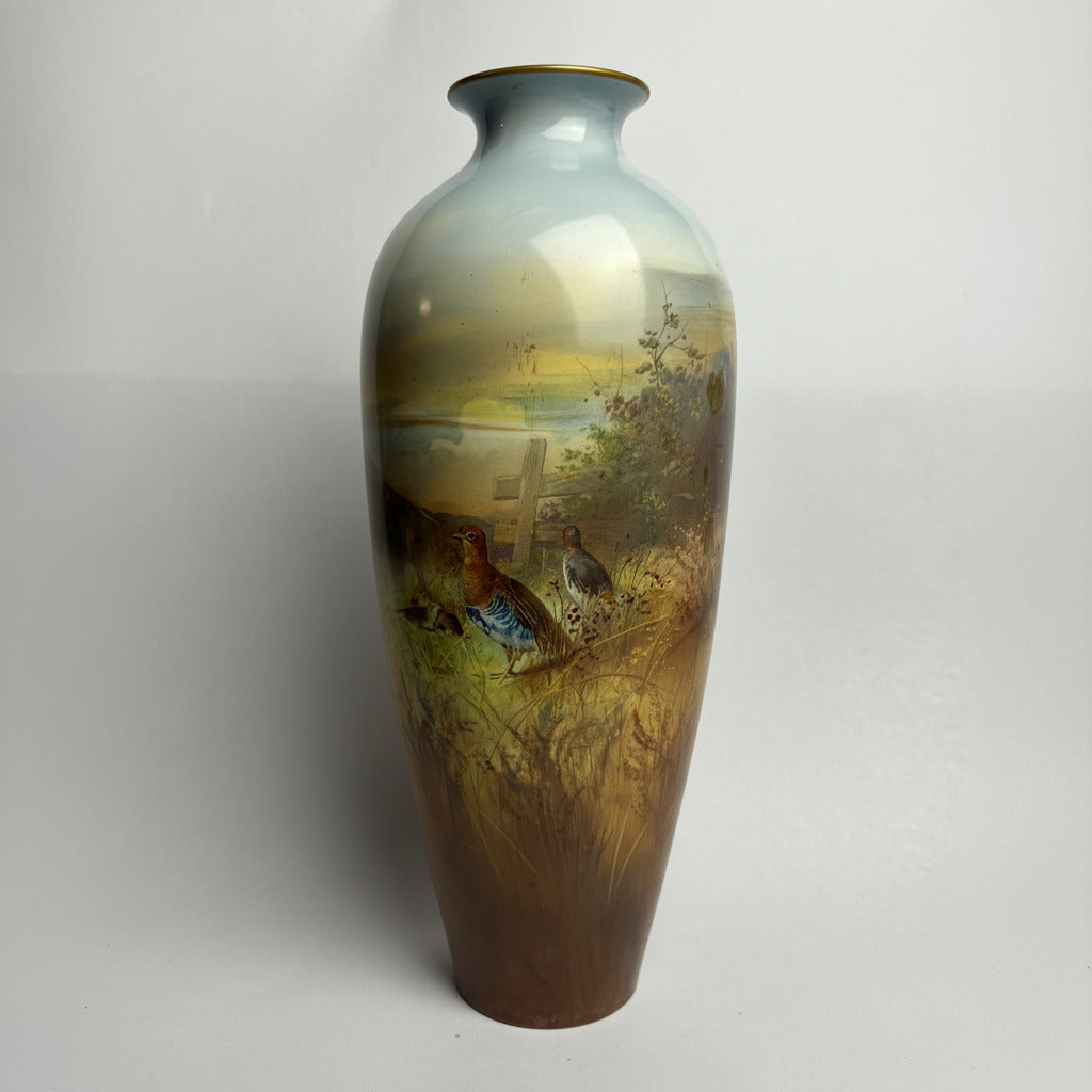 Pair Large Antique Winton Hand Painted Vases – Pheasants – Signed T Holmes – 34cm