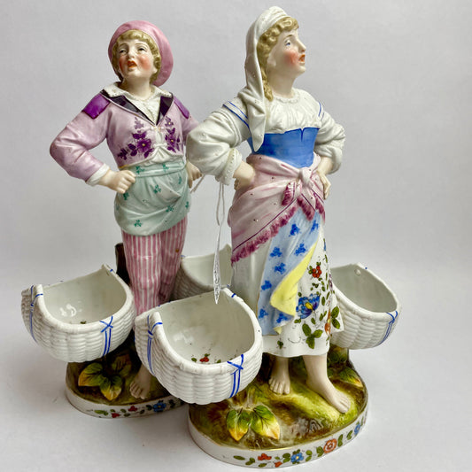 Pair of French Porcelain Figurines with Basket Spill Vases – c.1900s