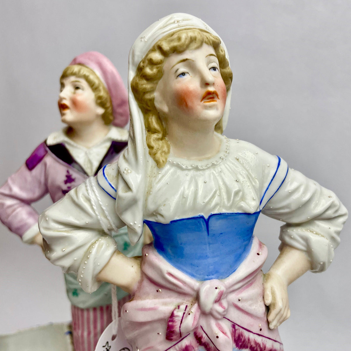 Pair of French Porcelain Figurines with Basket Spill Vases – c.1900s