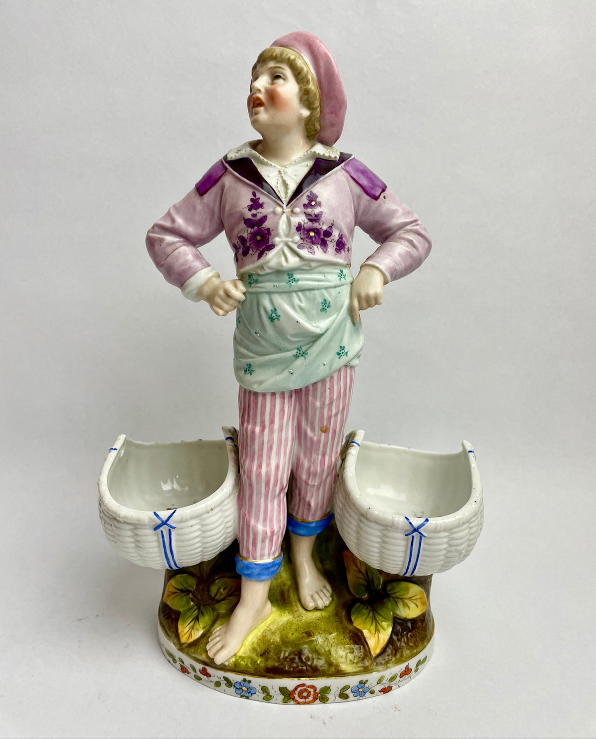 Pair of French Porcelain Figurines with Basket Spill Vases – c.1900s