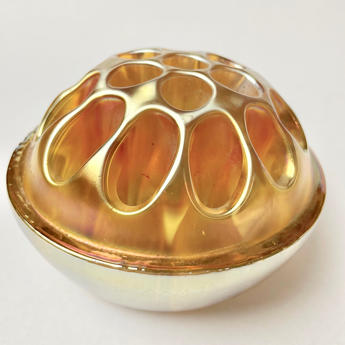 Crown Crystal Australia Carnival Glass Float Bowl with Frog – Banded Diamonds Pattern c.1930s