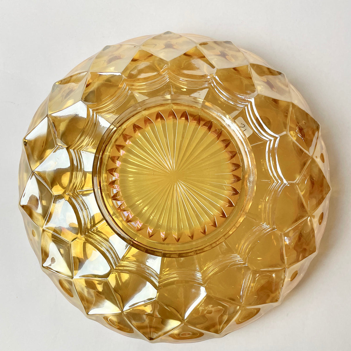 Crown Crystal Australia Carnival Glass Float Bowl with Frog – Banded Diamonds Pattern c.1930s