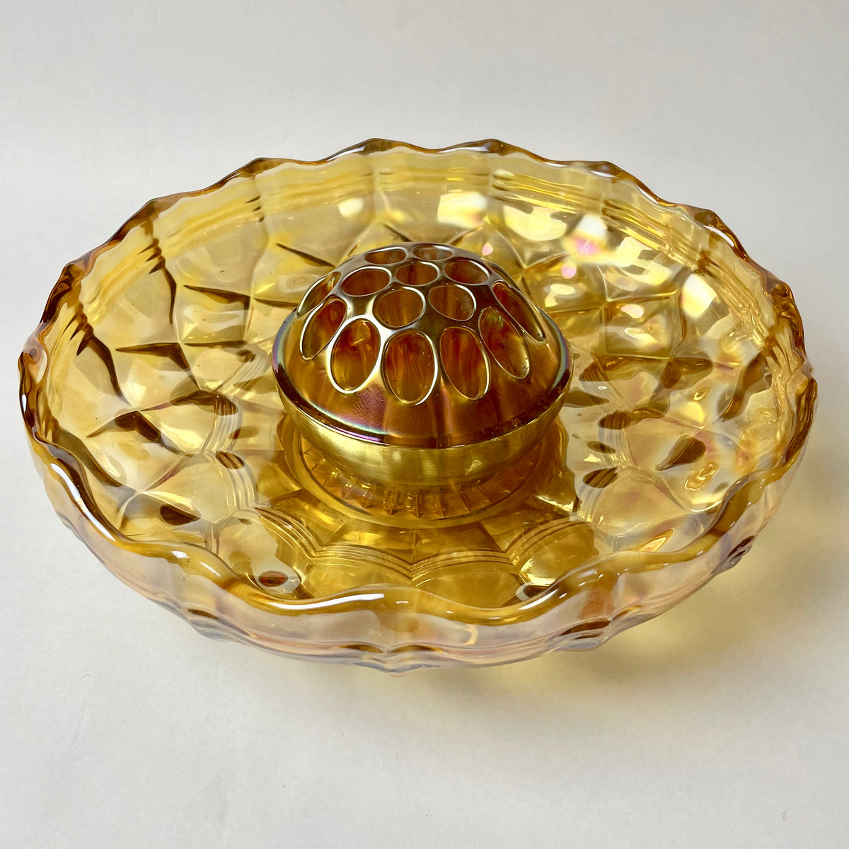 Crown Crystal Australia Carnival Glass Float Bowl with Frog – Banded Diamonds Pattern c.1930s