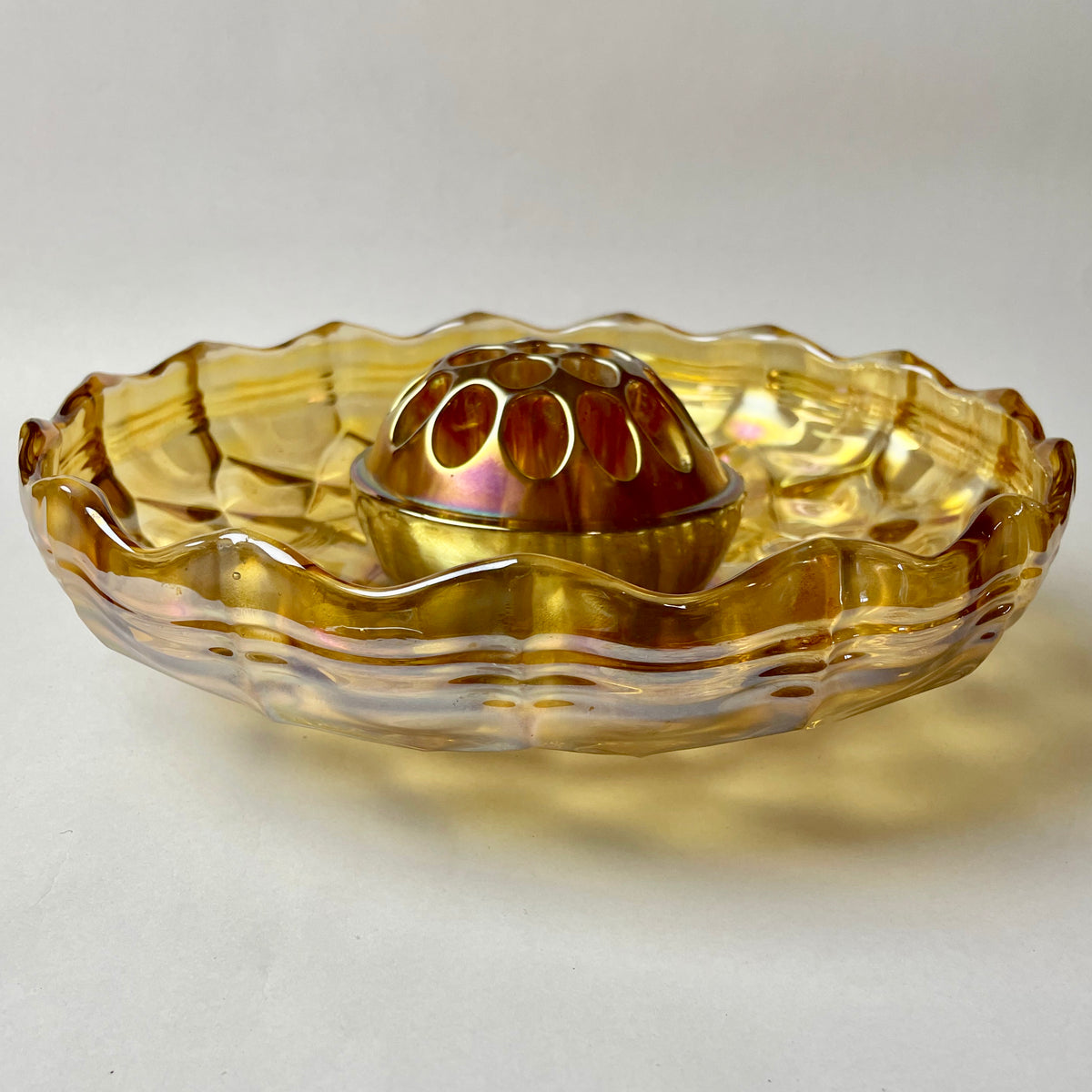 Crown Crystal Australia Carnival Glass Float Bowl with Frog – Banded Diamonds Pattern c.1930s